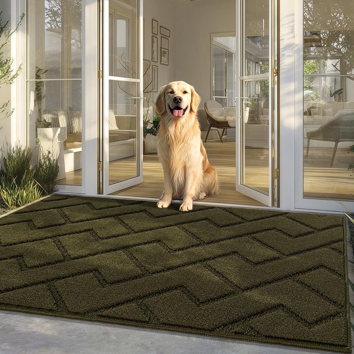 hicorfe Front Door Mat Outside Entrance,36"x59" Absorbent Muddy Dirt Resist Welcome Door Mats Outdoor Indoor,Stain and Fade Resistant,Non Slip Backing Entry Mat Doormat for Entryway(Oliver Green)