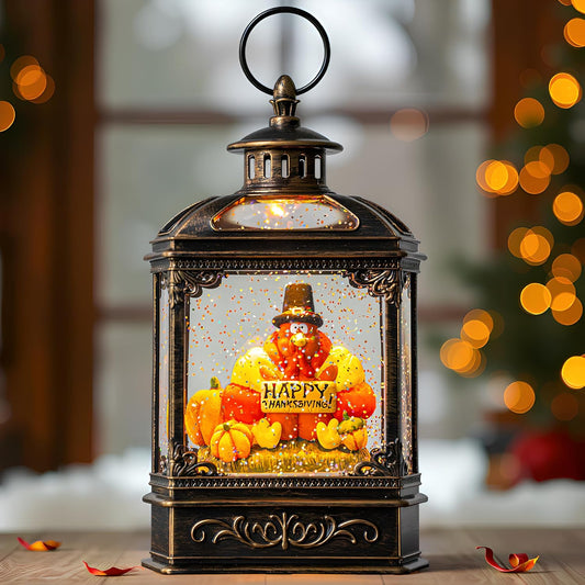 10.5'' Fall Snow Globe Lantern - Thanksgiving Glittering Lighted Water Lantern, Fall Decorations Autumn Harvest Day Gifts, Home Fall Halloween Decor (Turkey & Pumpkins)