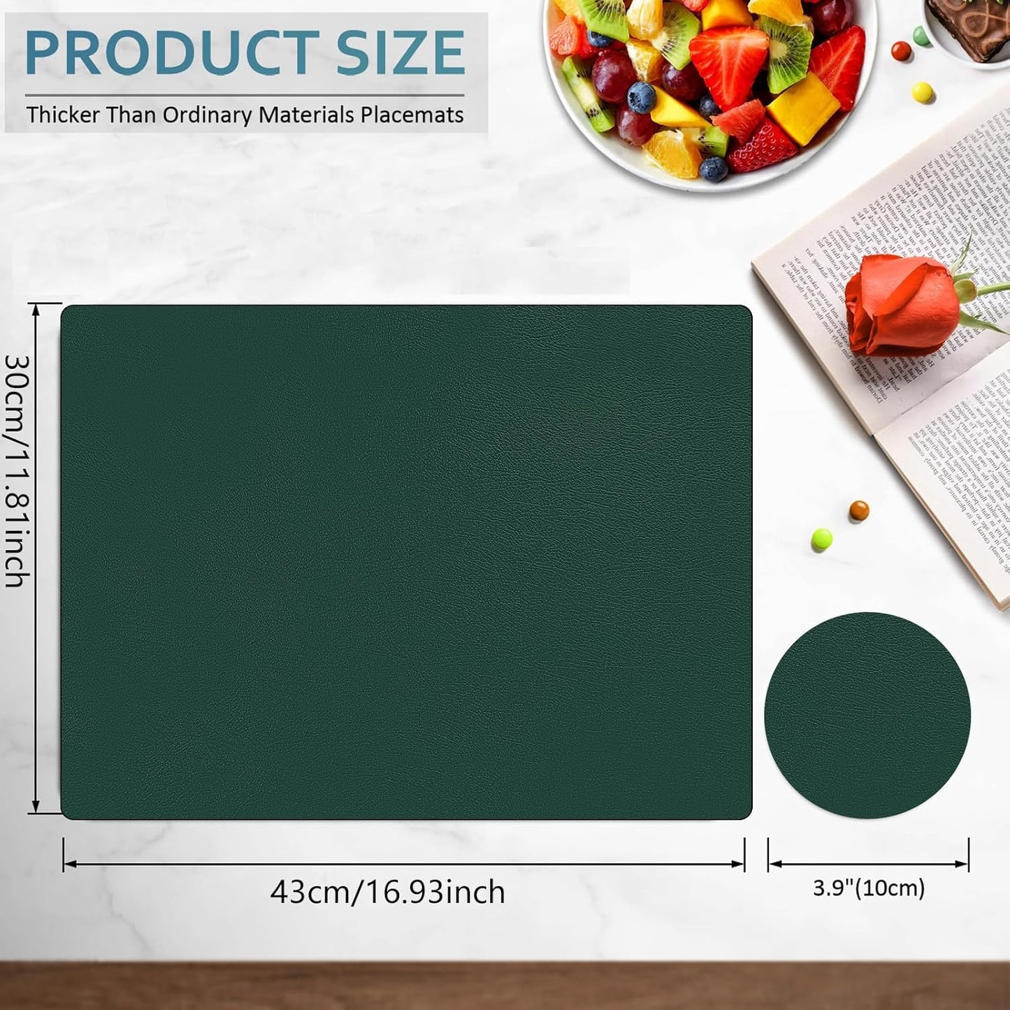 Placemats and Coasters Set of 6, Waterproof、Oil-Proof Wipeable、Anti Slip PVC Leather Place Mats, Heat Resistant Reversible Table Mats for Kitchen, Dining, Outdoor 17’’×12’’, (Dark Green)