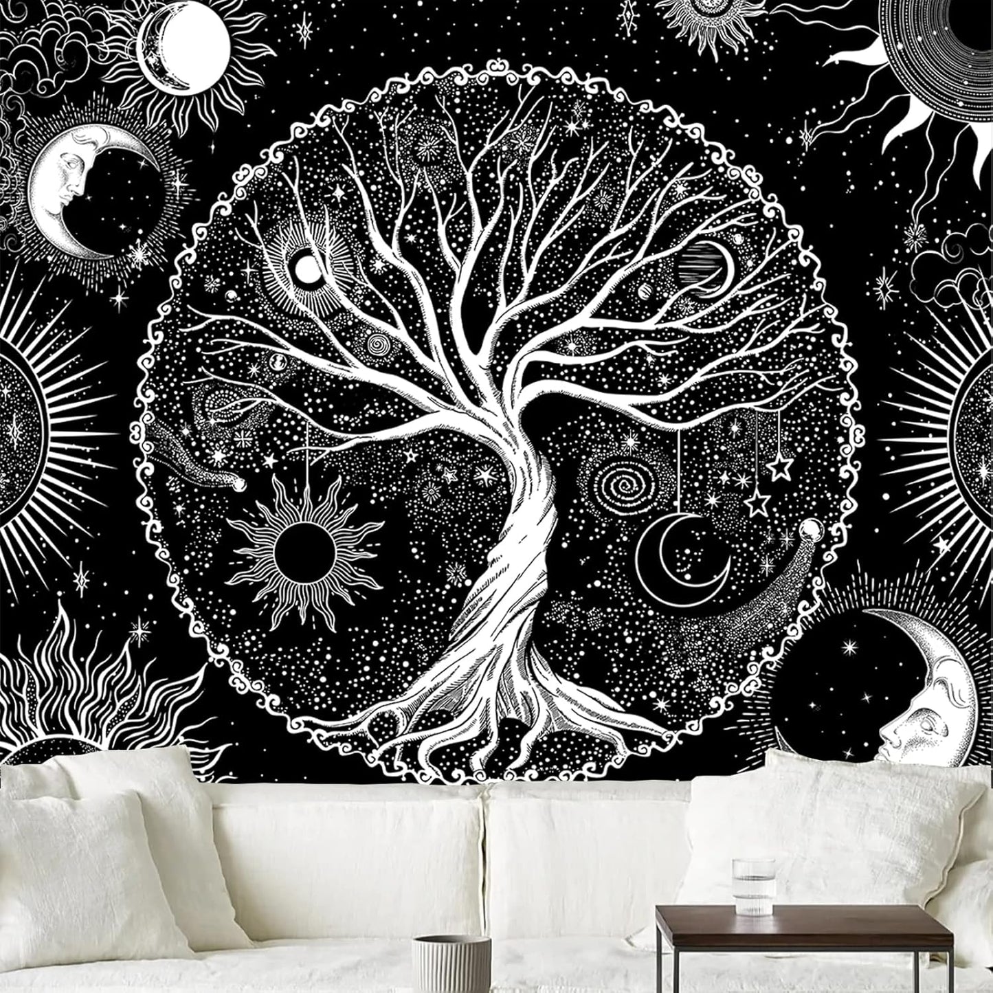 AACKart Tree of Life Tapestry for Bedroom Aesthetic Room Decor-Black and White Spiritual Tree Tapestry Wall Hanging with Sun Moon Star 78.7×59.1 inches