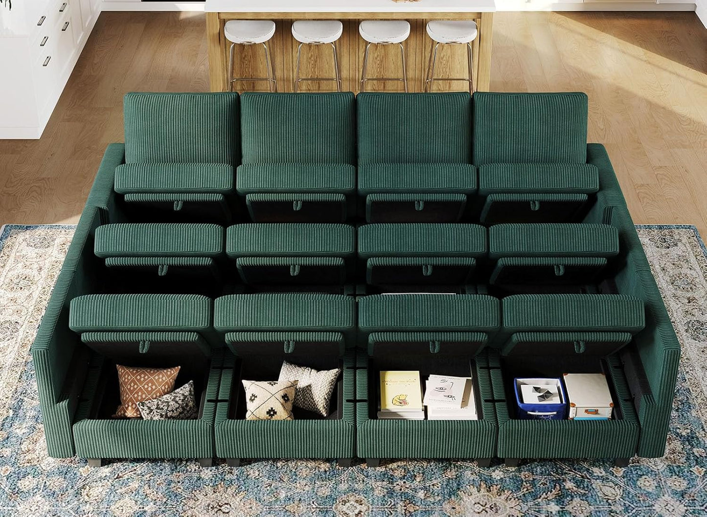 Belffin Oversized 12 Seat Modular Sectional Sleeper Sofa Convertible Sleeper Sectional Sofa with Storage Seat Large Corduroy Modular Couch for Living Room Green