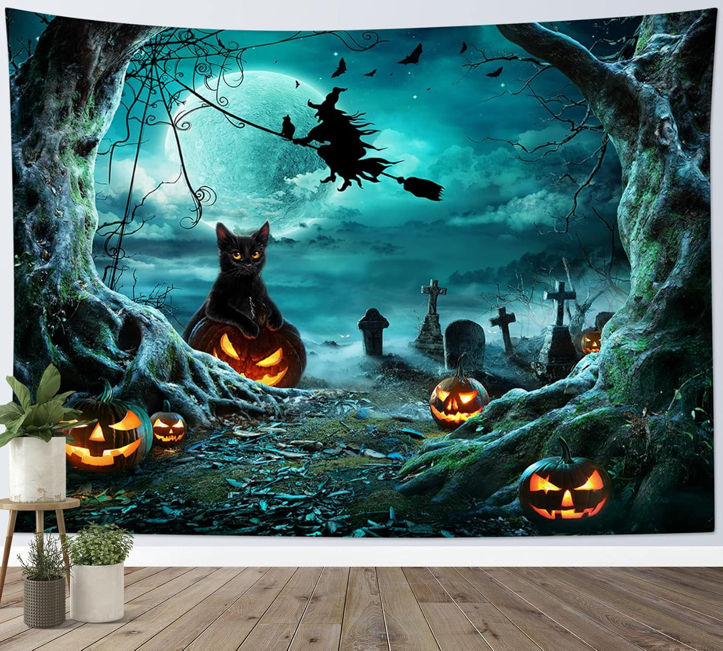 LB Halloween Tapestry Pumpkins Black Cat Dead Tree in Spooky Graveyard Full Moon Night with Witch Halloween Wall Hanging for Bedroom Living Room Dorm Decor 59x51 Inch