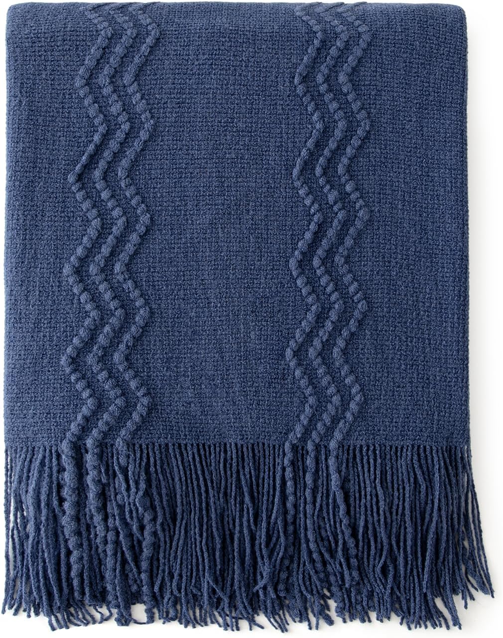 MIULEE Navy Blue Knitted Throw Blanket for Couch Textured Knit Blanket with Tassels Cozy Woven Boho Bed Blanket for Sofa Bed Chair Acrylic Wave Pattern 50"x60"