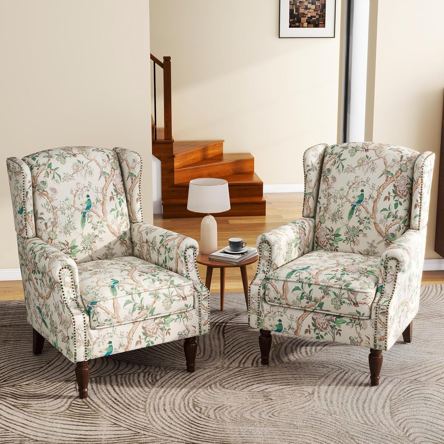 UIXE High Back Accent Chairs Set of 2, Fabric Upholstered Armchair for Living Room, Retro Printed Wingback Arm Chair Rivet Trimed Single Sofa Bedroom Reading Seat - Bird Floral