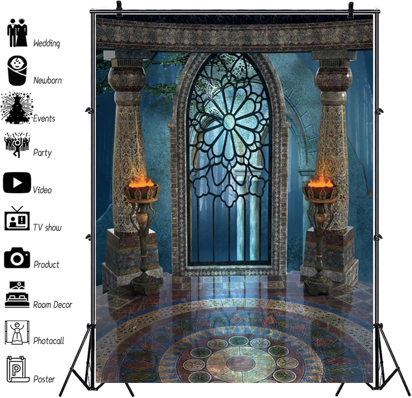 Renaiss 3x5ft Medieval Castle Backdrop for Photoshoot Portrait Pillar Torch Gothic Stone Tower Ancient Old Fortress Interior Photography Background Halloween Party Decor Wallpaper Photo Studio Props