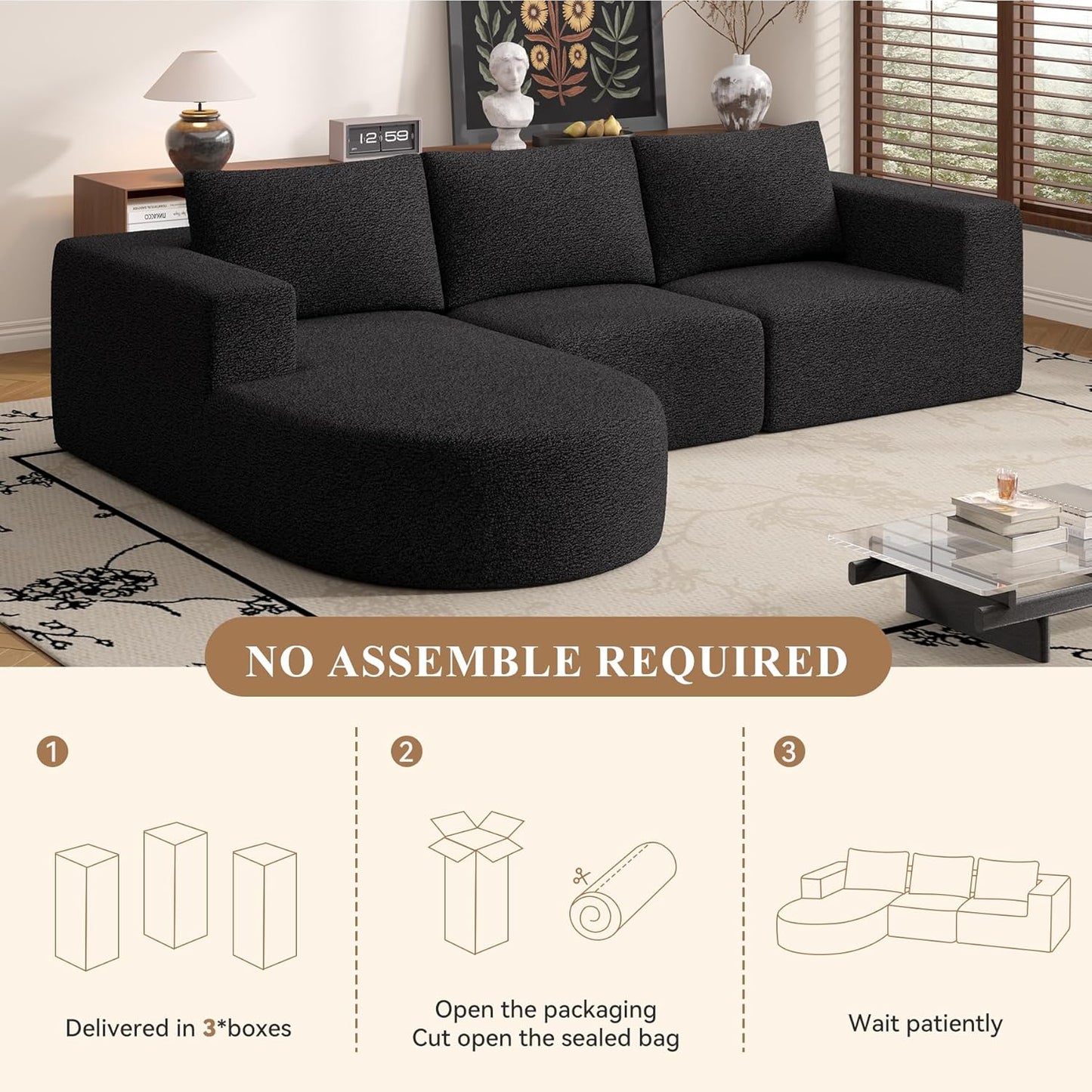 Modular Sectional Sofa with L-Shape Chaise,Cloud Sectional Modern Sleeper Couch with Deep Seat,Sponge Compression Sofas No Assembly Required (Black-Sherpa Fabric) 1PCS