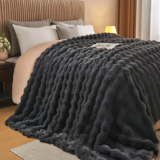 Lotus Karen Queen Size Faux Fur Blanket Dark Gray - Big Bubble Rabbit Fluff Throw for Bed Large Fluffy Fuzzy Cozy Thick Furry Plush Shaggy Blankets 90x90 Inches
