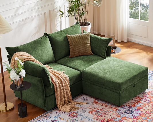 Luxury Modular Sectional Sofa, L-Shaped 3-Seat Couch with Storage Ottoman Deep Seat & Reversible Chaise Lounge Chenille Green for Compact Spaces, Apartments, Dorm