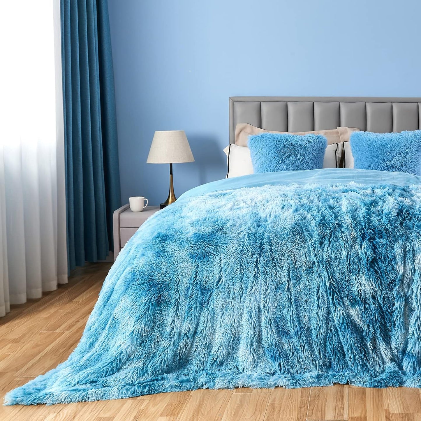 GONAAP Fuzzy Faux Fur Throw Blanket Queen Size Tie-dye Ocean Blue Super Soft Cozy Plush Fuzzy Shaggy Blanket for Couch Sofa Bed (Tie-dye Ocean Blue, Queen(90"x90"))