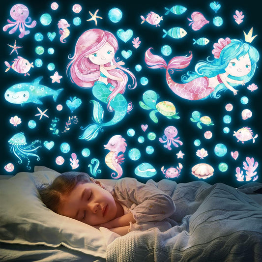 Luminous Mermaid Wall Stickers Decals,Glow in The Dark Mermaid Starfish Wall Decals, Glowing Self-Adhesive Stickers for Ceiling Decor, Kids Baby Room Wall Stickers Decoration for Girls Gifts (meireny)
