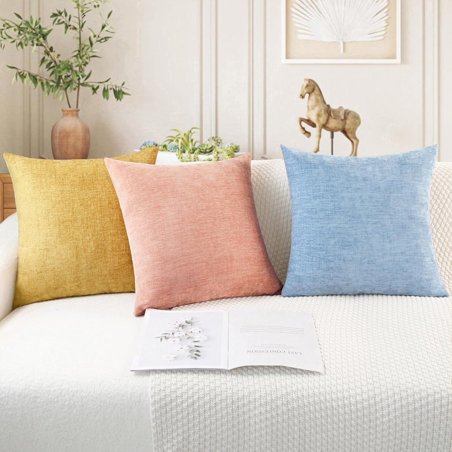 CaliTime Throw Pillow Covers Decorative 26 X 26 Inches Pack of 2 Cozy Chenille Cushion Cases for Couch Sofa Bed Living Room Home Dusty Pink