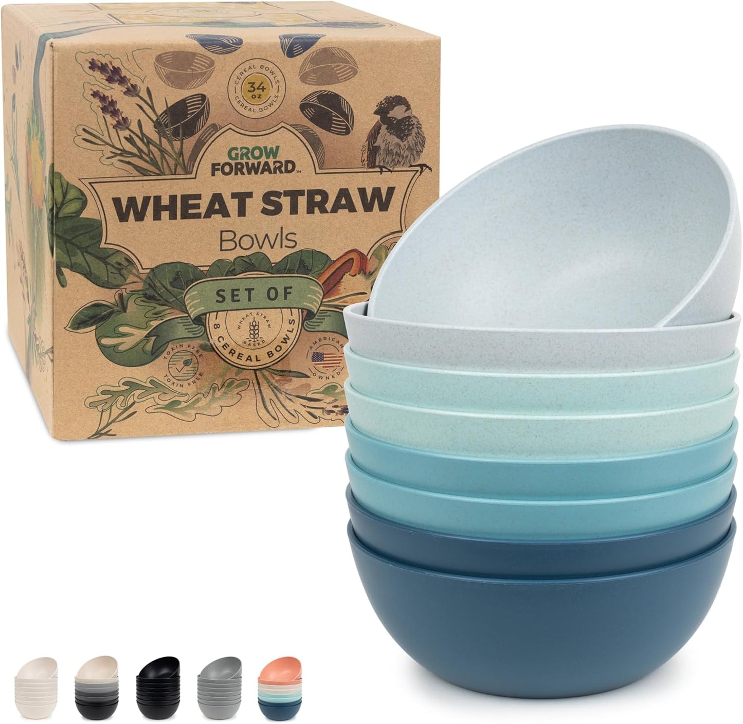 Grow Forward Premium Wheat Straw Bowls - 34oz Microwave Safe Plastic Cereal Bowls Set of 8 for Kitchen, Camping, RV, Dessert, Snack, Soup, Salad, Fruit - Reusable, Unbreakable & BPA Free - Seascape