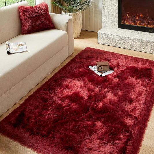 AMTOVO Faux Fur Sheepskin Rug for Living Room, 4 x 6 ft Burgundy Fluffy Area Rug for Bedroom, Playroom, Luxury Room Decor, Rectangle