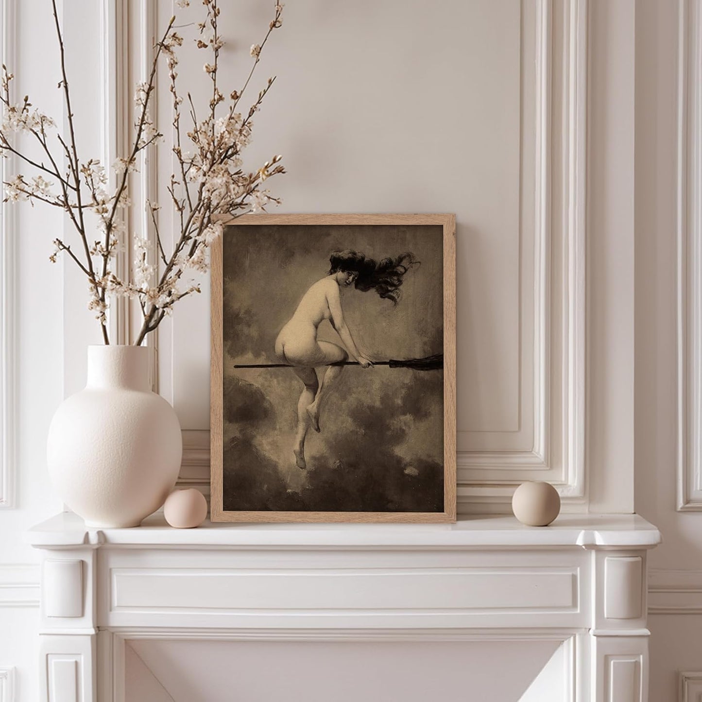 Poster Master Vintage Albert Joseph Penot Poster - Retro Halloween Print - Gift for Artist, Friend - Departure for the Sabbath, Naked Witch on Broom - Wall Decor for Bedroom, 11x14 Beige Framed