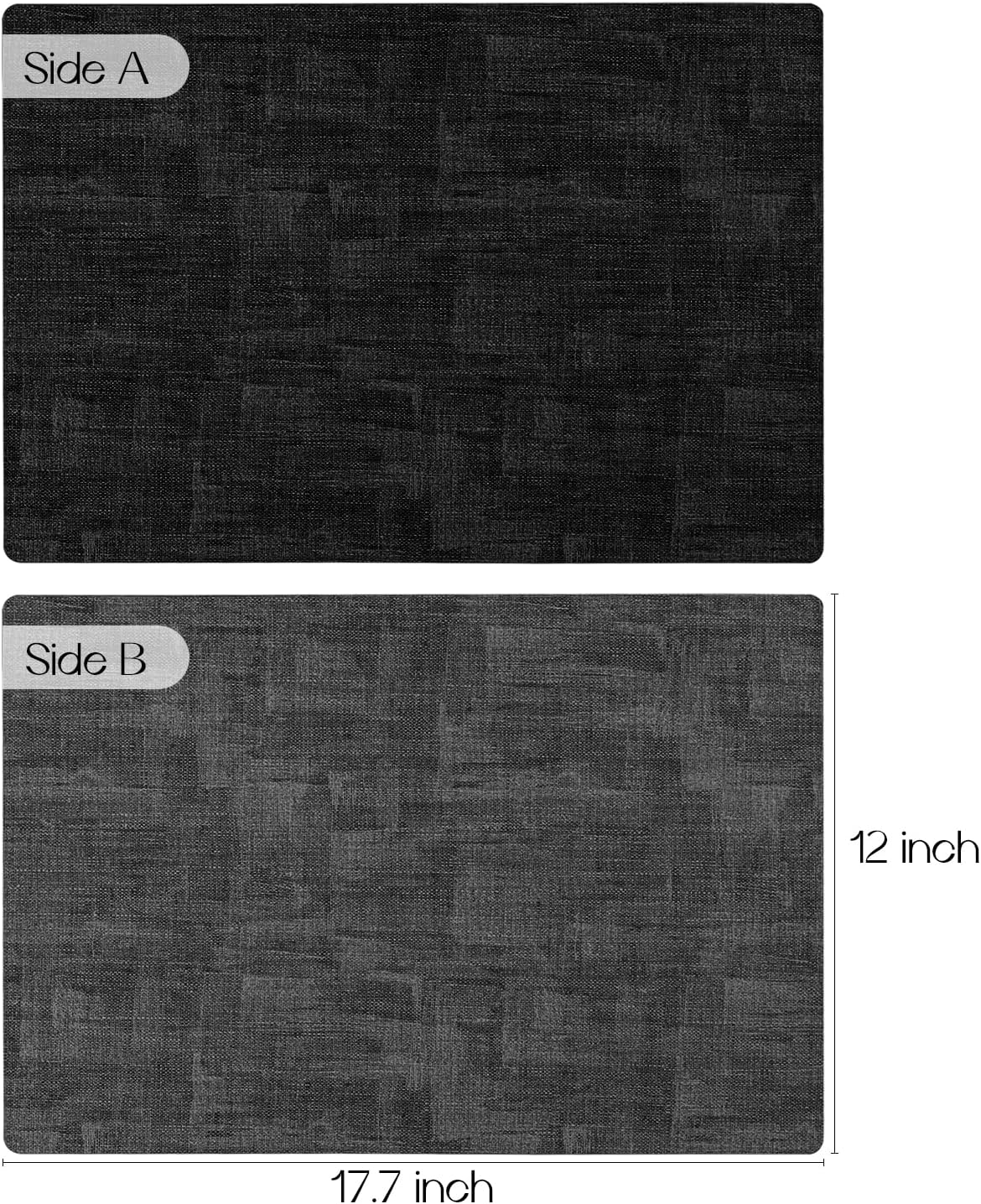 Romanstile Reversible Vinyl Placemats Set of 4, Faux Leather 100% Waterproof Oil-Proof Wipeable Place Mats, Heat Resistant Dual Sided Table Mats for Kitchen/Dining/Party (Grey Black, 12 x 17 Inch)