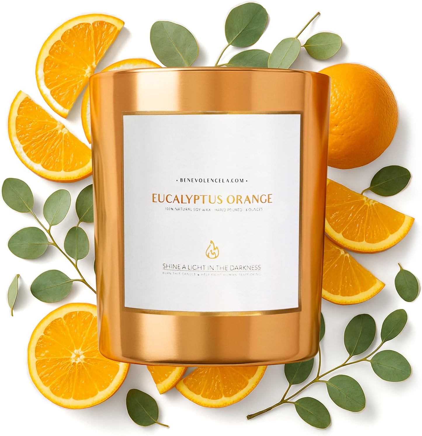 Benevolence LA Eucalyptus Orange Wood Wick Candles | Soy Scented Candles for Home | Gifts for Women and Men | Home Fragrance | Aromatherapy | Shelf Decor, Bathroom Freshener | 8oz, 45 Hour Burn