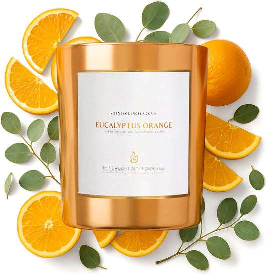 Benevolence LA Eucalyptus Orange Wood Wick Candles | Soy Scented Candles for Home | Gifts for Women and Men | Home Fragrance | Aromatherapy | Shelf Decor, Bathroom Freshener | 8oz, 45 Hour Burn