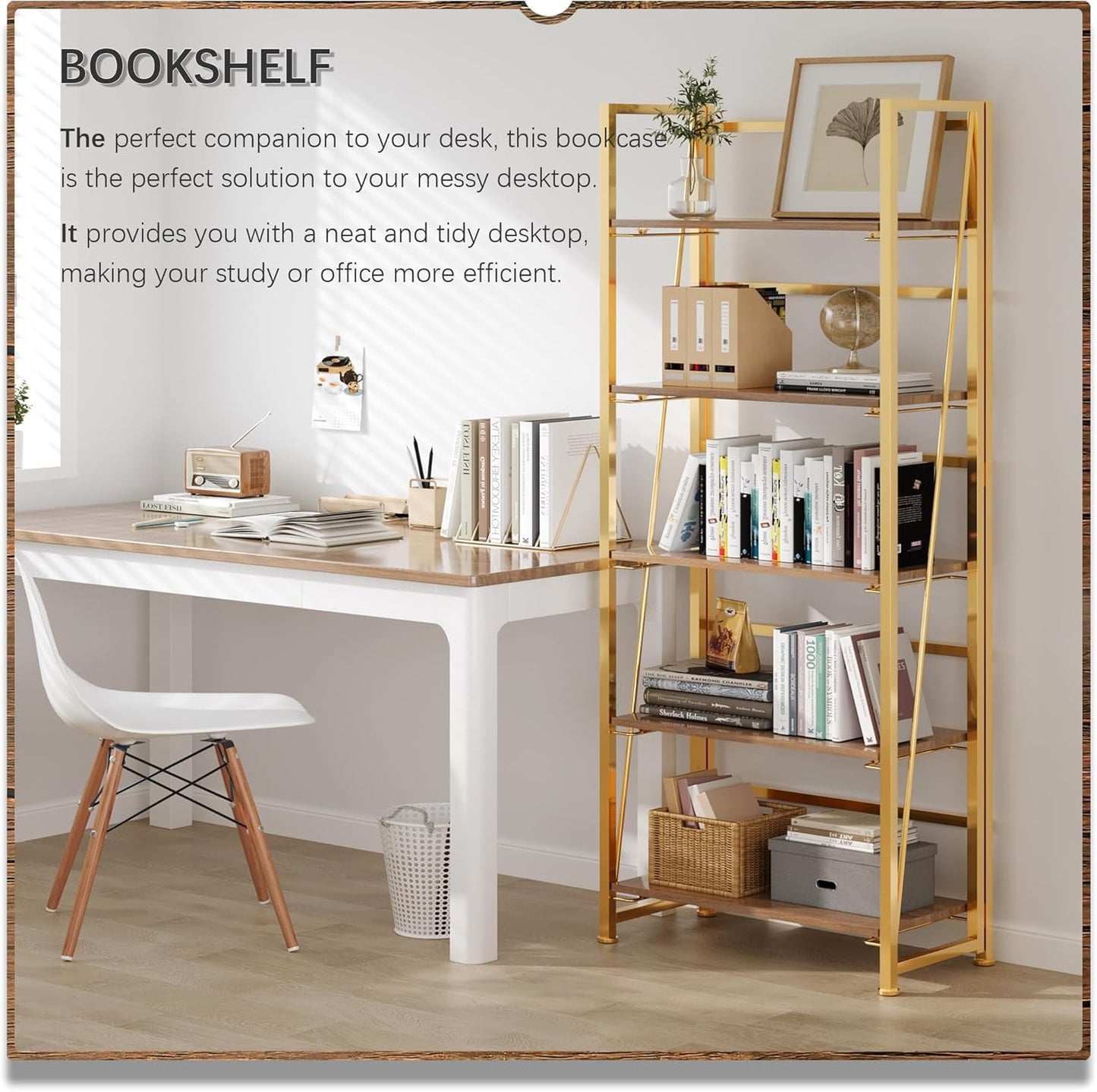 4NM No Assembly Foldable Bookshelf, 5-Shelf Collapsible Bookcase Storage for Small Spaces, 62.2" H, Brown and Golden