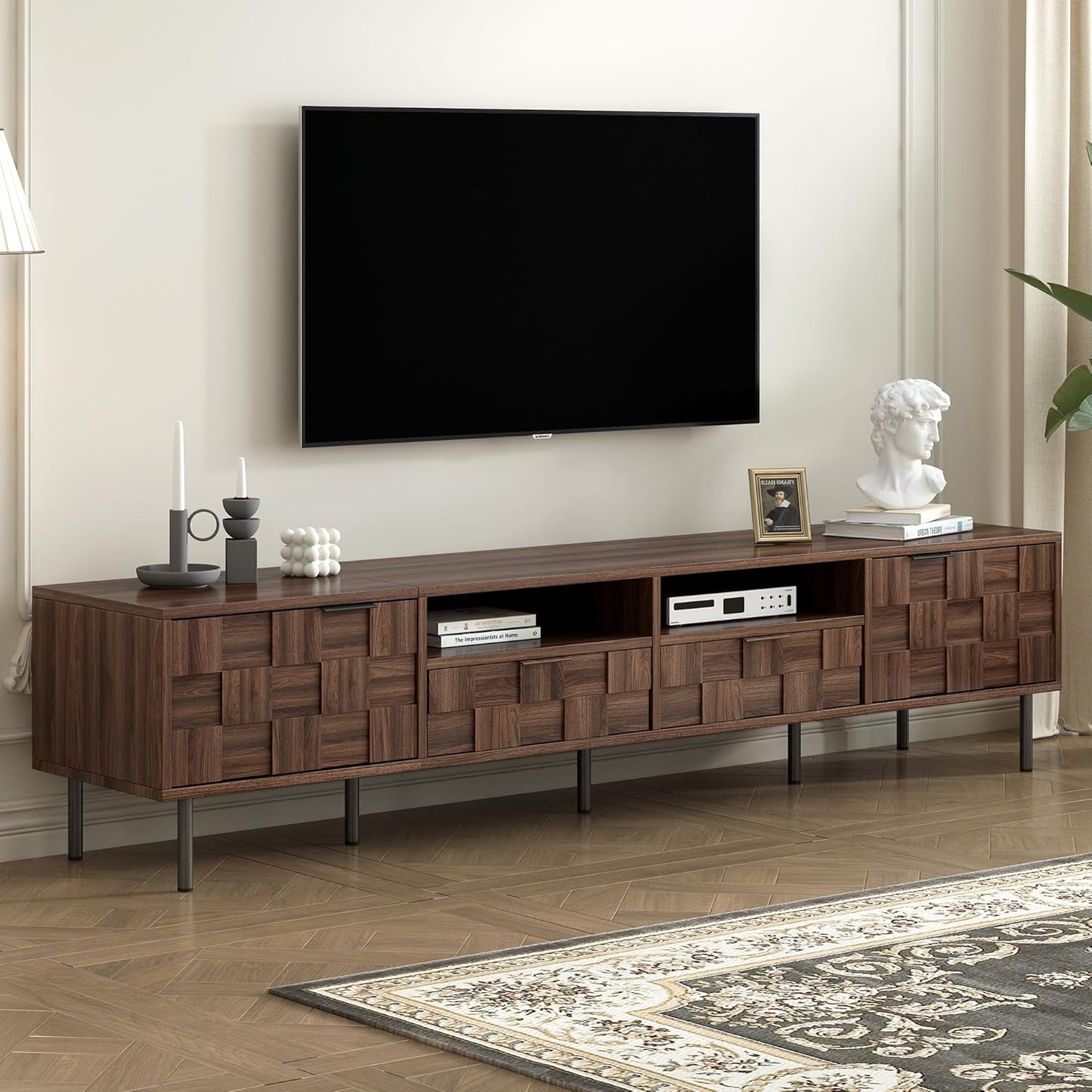 Modern TV Stand for TVs up to 85", Mid-Century Media Console with Checkered Cabinet Doors, Storage Drawers & Open Shelves, Wood Entertainment Center with Metal Legs