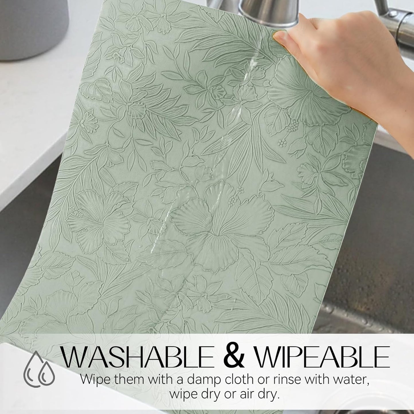 Romanstile Vinyl Placemats Set of 6-12 X 18 Inch - Heat Resistant Non-Slip Embossed Floral Place Mats 100% Waterproof Oilproof Wipeable Faux Leather Table Mats for Kitchen/Dining/Party, GrassGreen