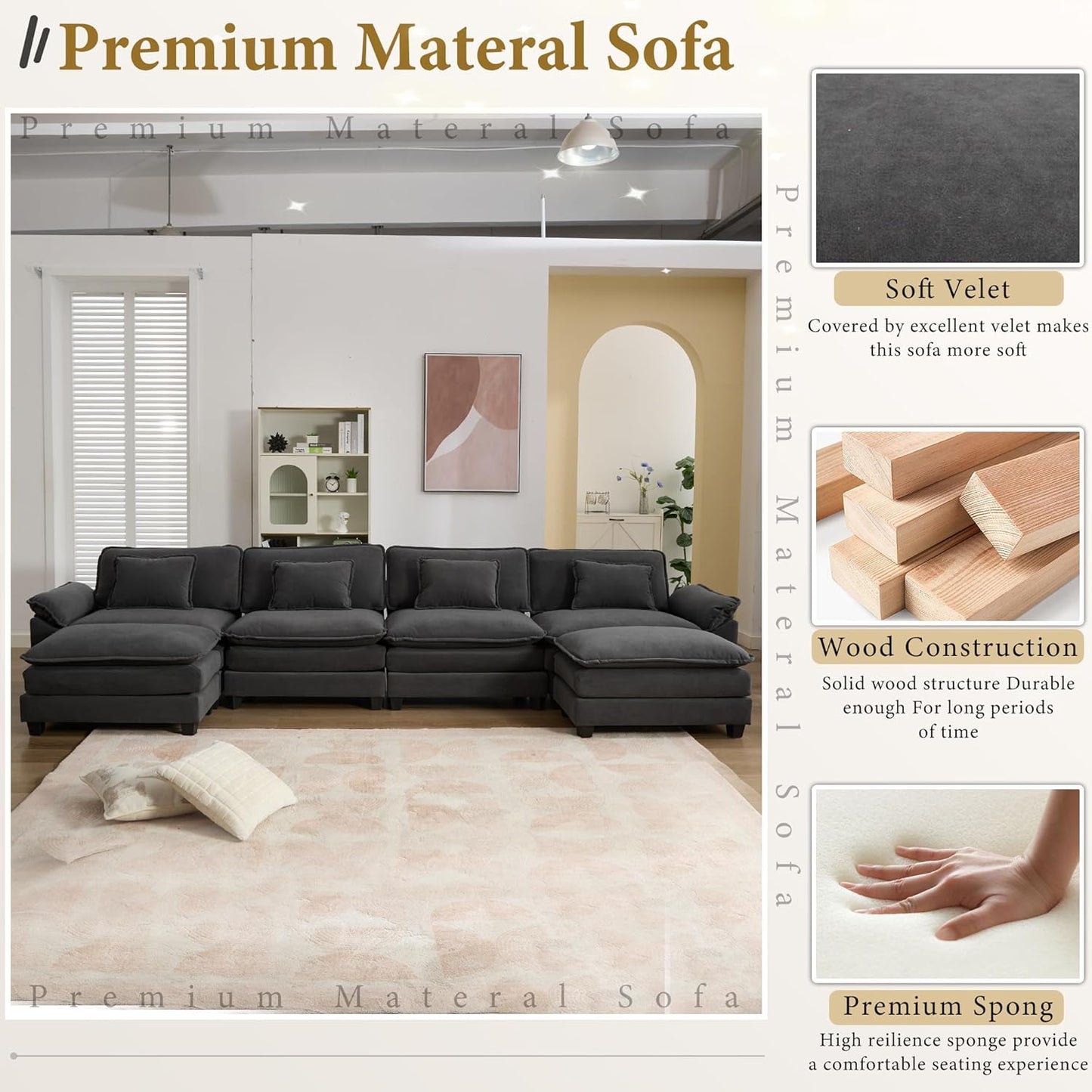 URRED Modular Sectional Sofa Comfy Cloud Couch, Modern Velvet Sofa Sleeper Deep Seat Couches with Ottoman/Pillows for Living Room (Dark Gray, 154'' - U Shape)