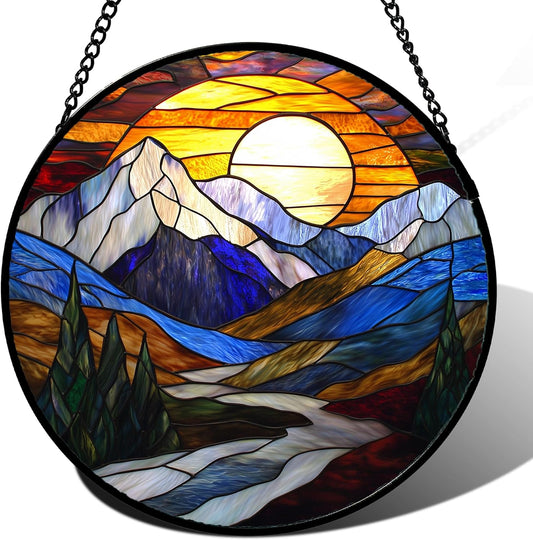 Stained Glass Window Hanging, Yellow Blue Sunset Mountains Scenery Sun Catcher for Window Home Decor Landscape Suncatcher Mother's Day Birthday Gifts for Women Men Mom and Nana 7.8 in