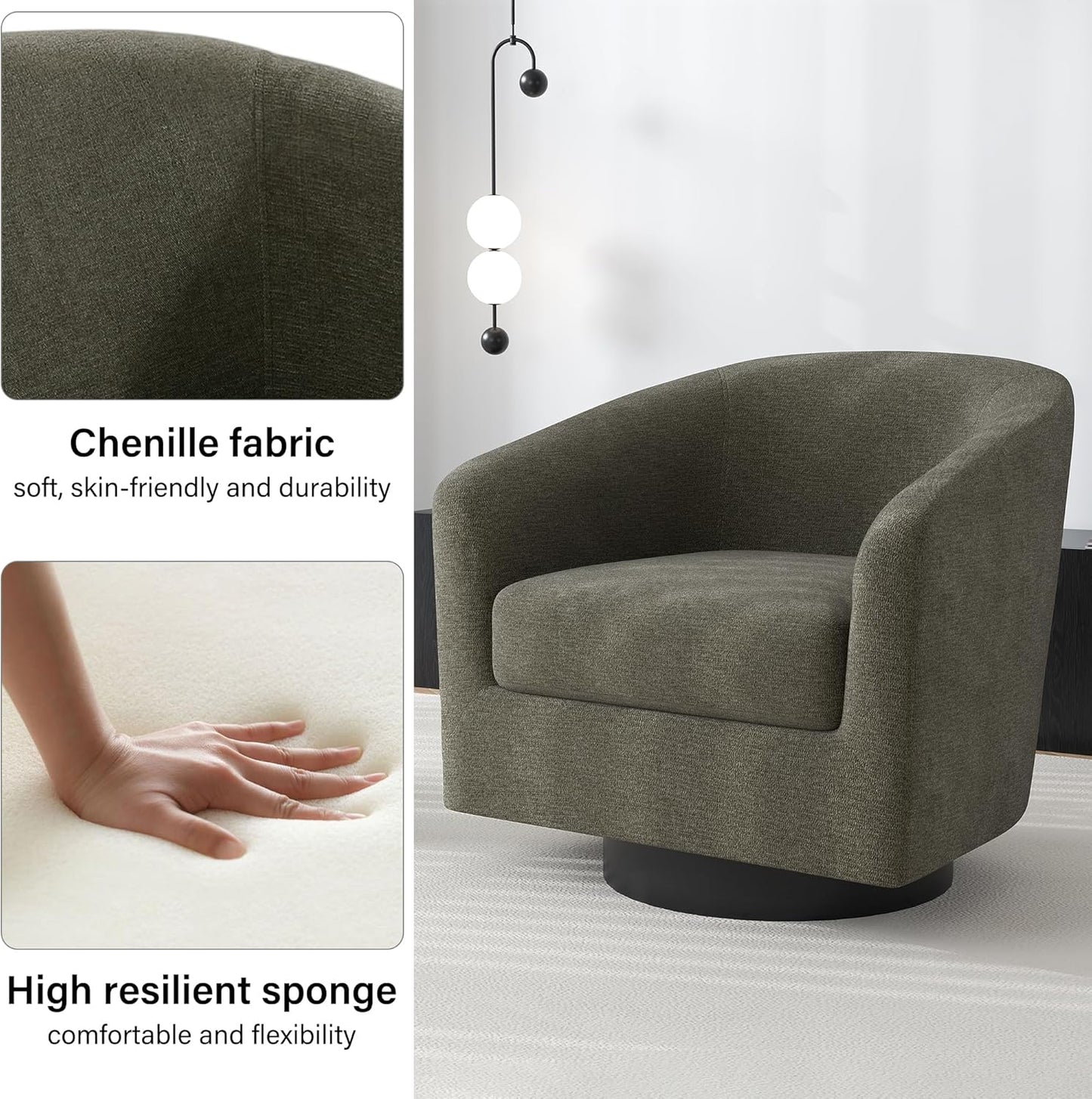 Swivel Barrel Accent Chair, Modern Round Chenille Fabric Arm Chair for Living Room, Bedroom, Comfy Club Reading Chairs for Adults（Chenille Fabric, Tan, Set of 4