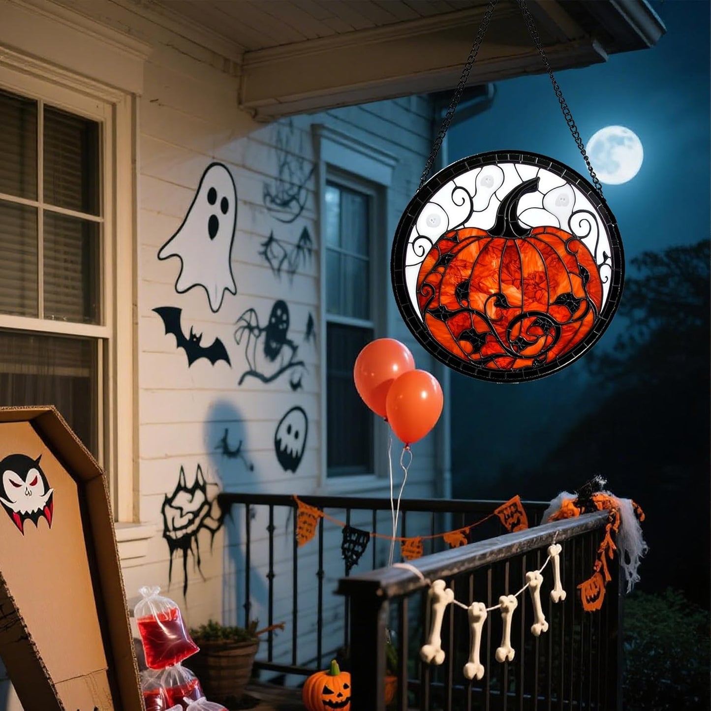 Stained Glass Window Hanging - Halloween Red White Scary Pumpkin Suncatcher for Doors Garden Home Spooky Rattan Sun Catchers Gothic Decor Horror Gifts for Women Men Friend Boy Girl 7.8 in