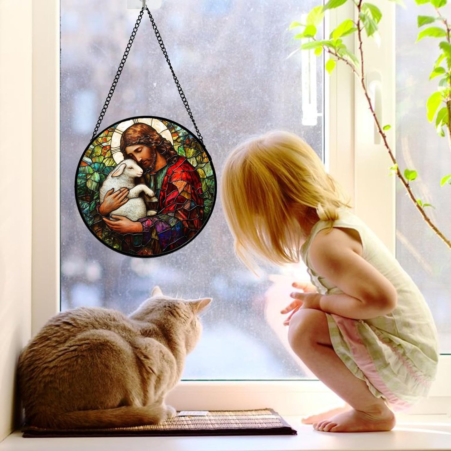 Stained Glass Window Hanging, Jesus Little Lamb Sun Catchers Colorful Glass Panel Christianity Suncatcher Decor for Birthday for Women, Men, Wife, Aunt, and Mom 7.8 in