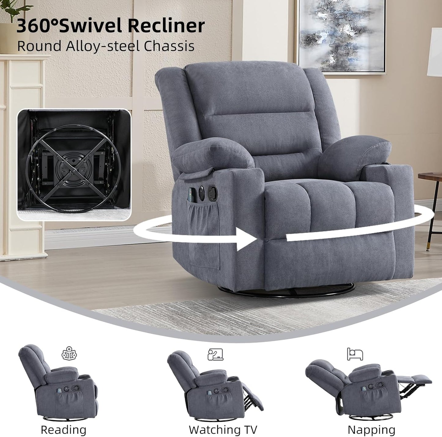 Rocker Recliner Chair with Heat and Massage, 360° Swivel Recliner Chairs for Adults, Heavy Duty Reclining Sofa Chair with USB Port Cup Holders Side Pockets for Living Room (Grey)