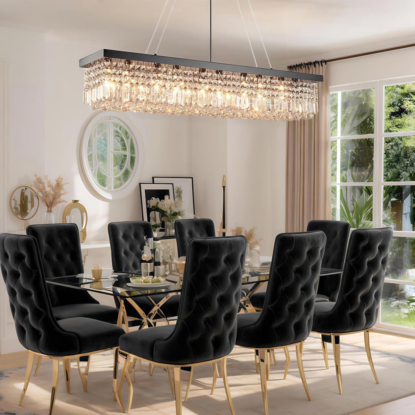 Rectangular Black Crystal Chandelier,10 Light Crystal Chandeliers for Dining Room, Rectangle Light Fixture for Kitchen Island L47''xW10''x H10''