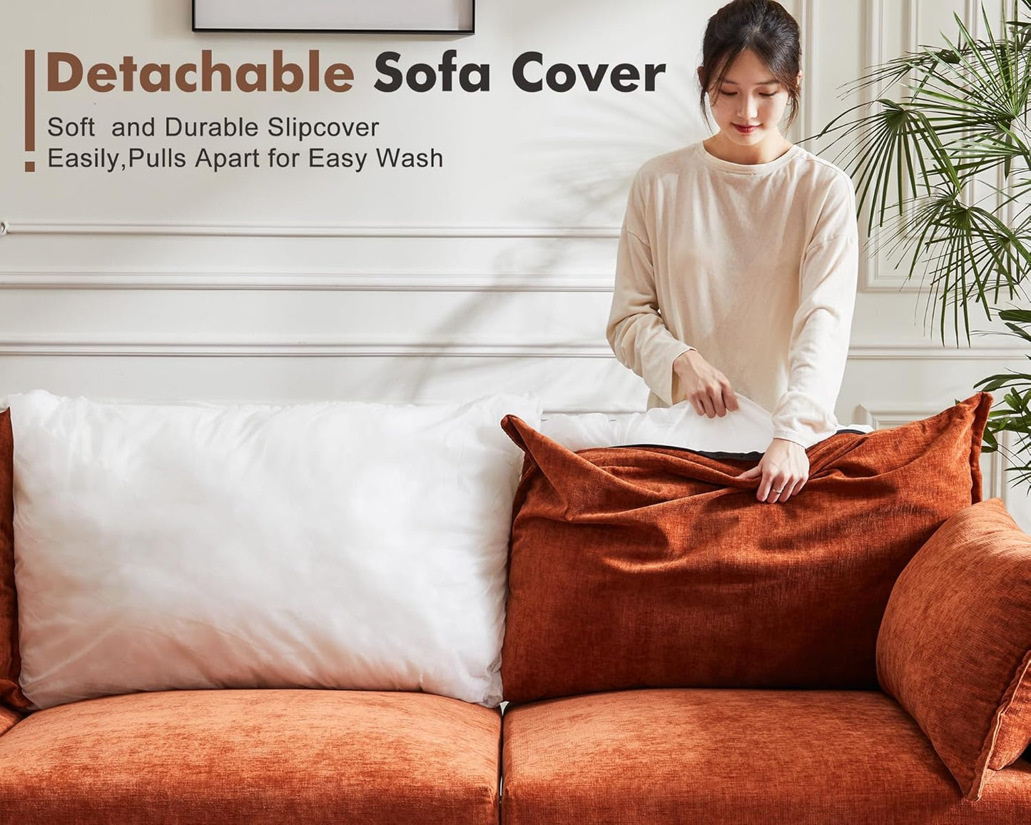 134.6" Modular Sectional Sofa, Oversized 4 Seater Terracotta Orange Couch with Removable Chenille Fabric Cover, Deep Seat & High Backrest for Living Room, Office & Apartment