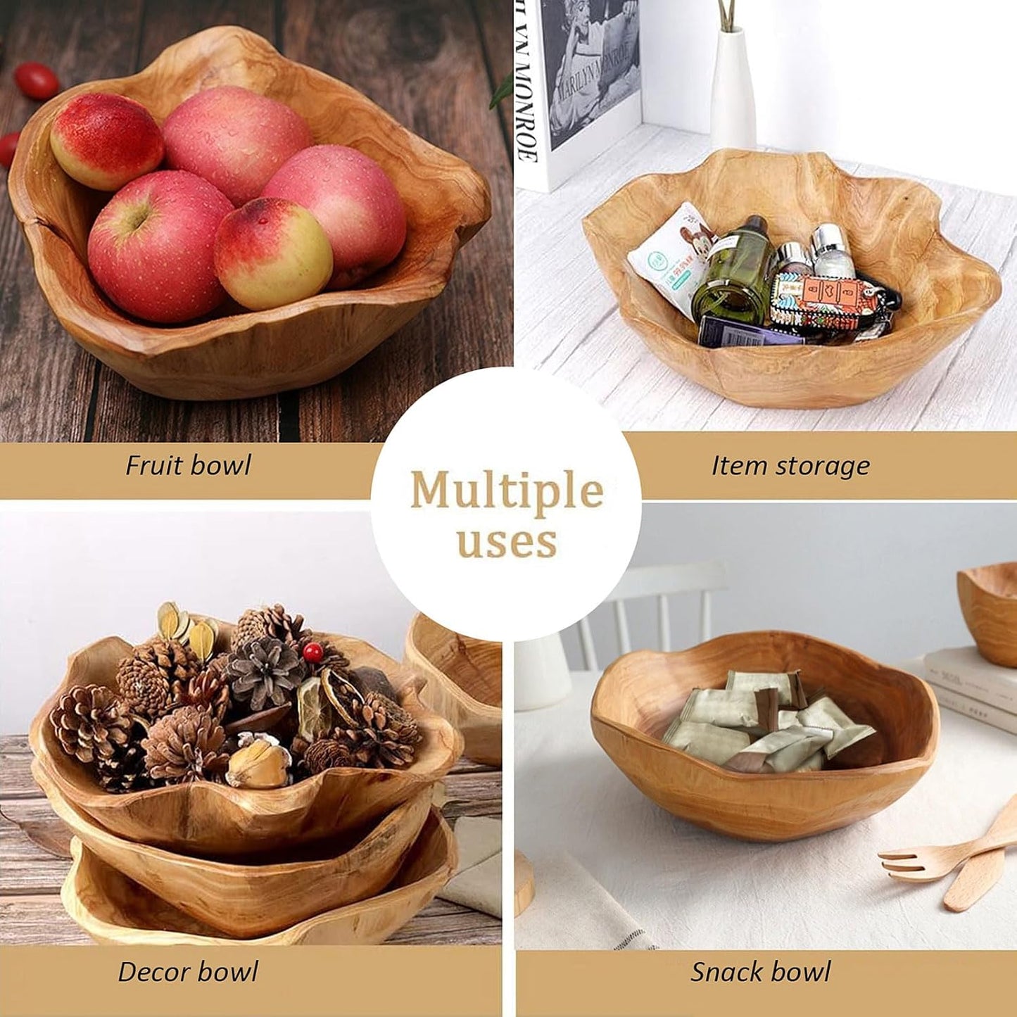 Wooden Bowl Decorative Natural Wood Fruit Bowl, Irregular Creative Wood Bowls, Rustic Hand Carved Candy Snack Keys Serving Bowls for Home Decor (10"-12" Diameter)
