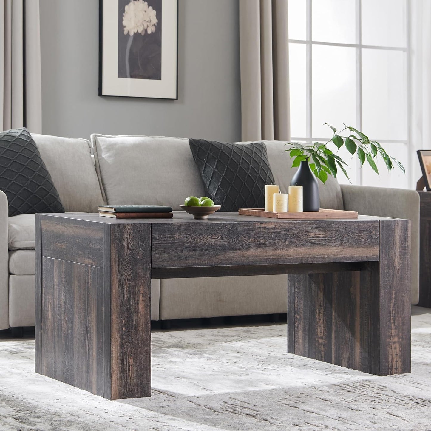 OKD 48" Modern Farmhouse Coffee Table, Wooden Living Room Table with Hidden Storage Drawer, Rustic Rectangular Center Tables w/Wood Thick Design for Living Room, Office, Dark Rustic Oak