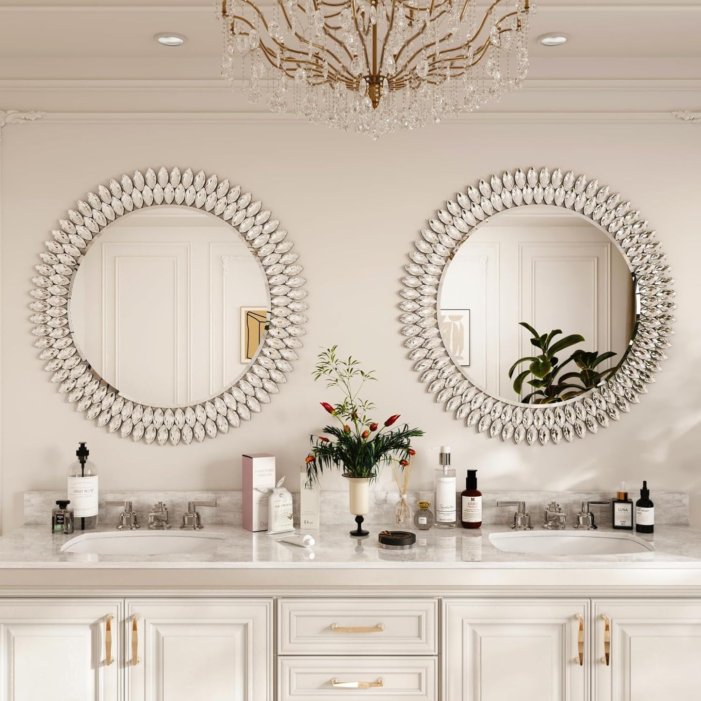 Kelly Miller Round Jeweled Mirror for Wall Decor, 32 in Modern Decorative Wall Mirror with Luxury Diamonds Beveled Vanity Mirror for Bedroom, Living Room, Bathroom, Hallway, Entryway, Fireplace