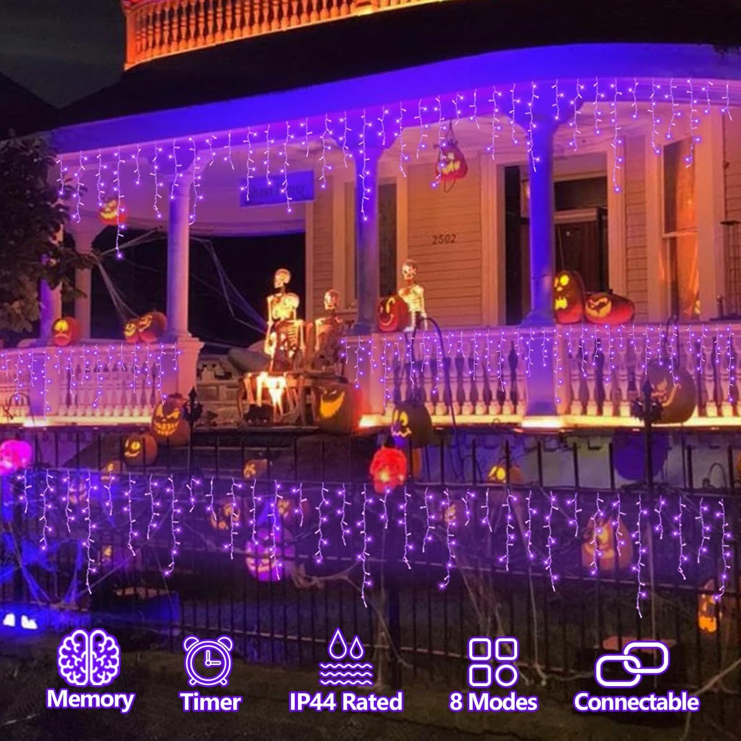 QITONG Purple Halloween Lights, 66ft 800 LED Icicle Light for Outside Indoor Plug in, 8 Modes Clear Wire Connectable Christmas Lights with 160 Drops