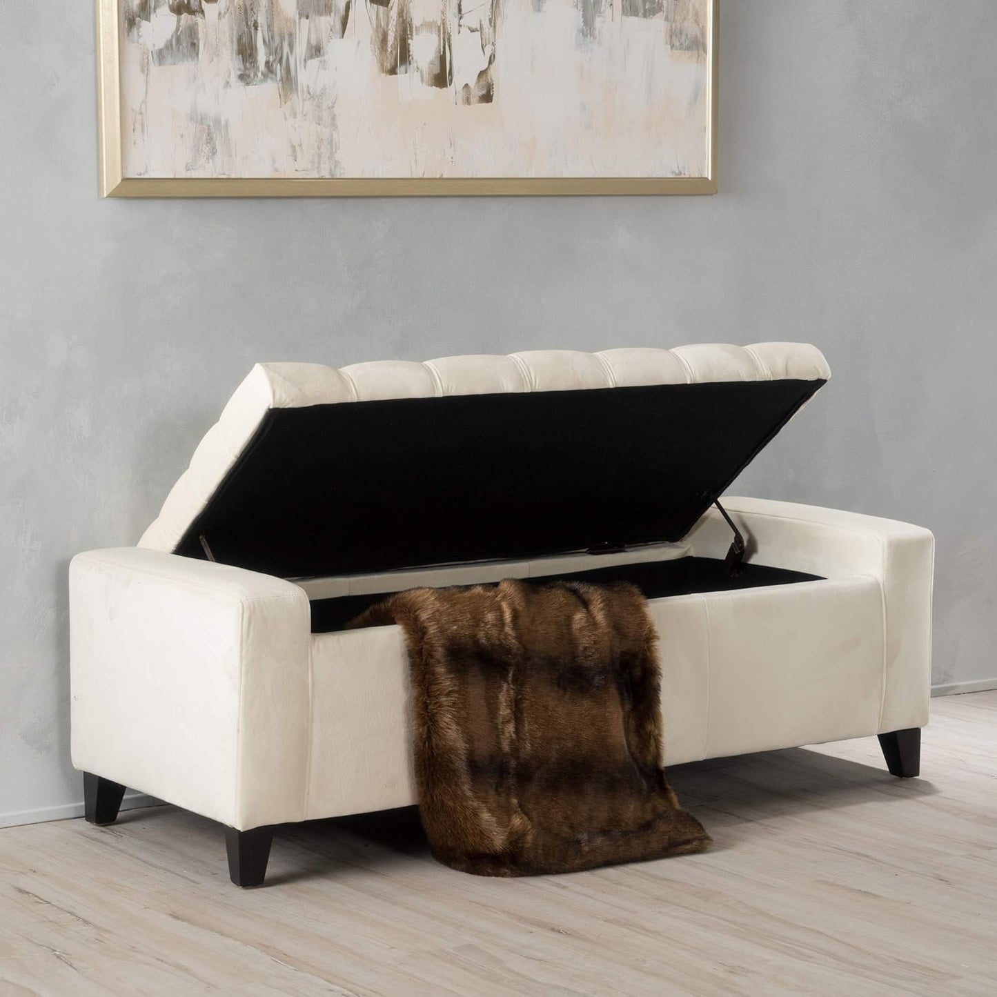 Christopher Knight Home Hikaru Velvet Storage Ottoman, Ivory 19.75”D x 50.00”W x 17.48”H