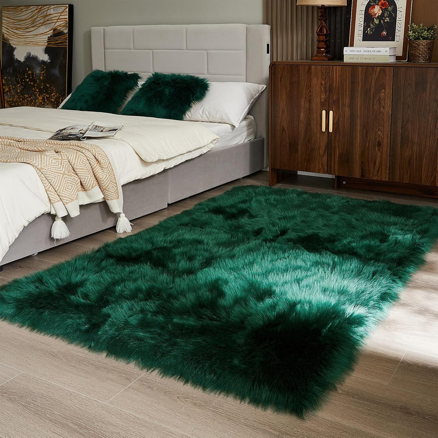 AMTOVO Faux Fur Sheepskin Rug for Living Room, 4 x 6 ft Dark Green Fluffy Area Rug for Bedroom, Playroom, Luxury Room Decor, Rectangle