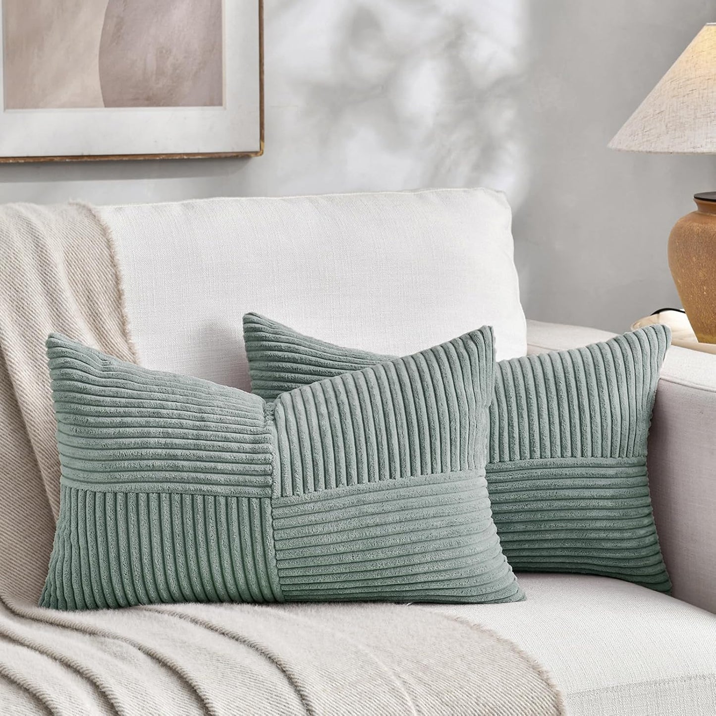 Fancy Homi 2 Packs Grey Blue Lumbar Decorative Throw Pillow Covers 20x28 Inch for Living Room Couch Bed, Rustic Farmhouse Boho Home Decor, Soft Striped Corduroy Rectangle Accent Cushion Case 50x70 cm