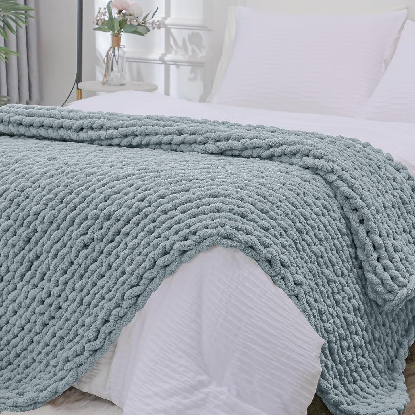 Bigacogo Chunky Knit Throw Blanket for Couch, 51x63 inches, 100% Hand Knitted with Thick Jumbo Chenille Yarn, Cozy Soft Large Rope Knot Cable Crochet Blankets for Sofa Bed Living Room, Dusty Blue