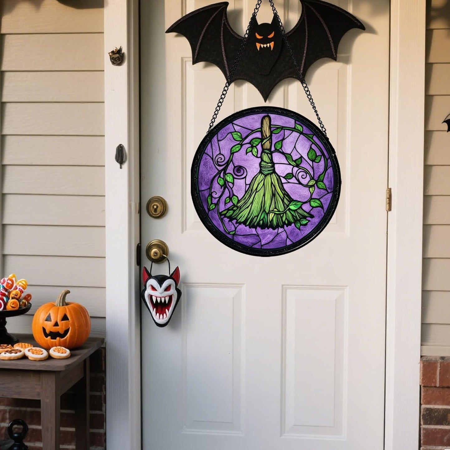 Stained Glass Window Hanging - Halloween Decorations Witch Magic Broom Suncatcher for Doors Garden Indoor Funny Spooky Sun Catchers Gothic Decor Horror Gifts for Women Men Friend 15 in