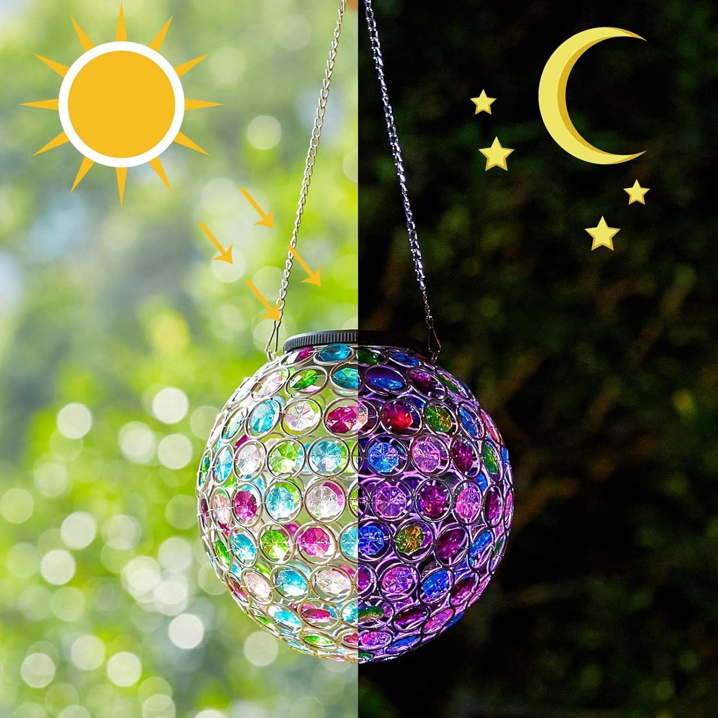 Solar Lantern Hanging Outdoor Christmas Decorative, Dual LEDs Color Changing and Cool White Crystal Globe Lamp Hanging Light Waterproof with S Hook Decor in Garden, Pathway, Front Door- Multi Color