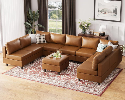 ABCASA Oversized 145.5" Faux Leather Modular Sectional Sofa, Modern Large 10 Seater U Shaped Couch with Storage Seat with Reversible Chaise Deep Seat for Living Room DIY Combination - Brown