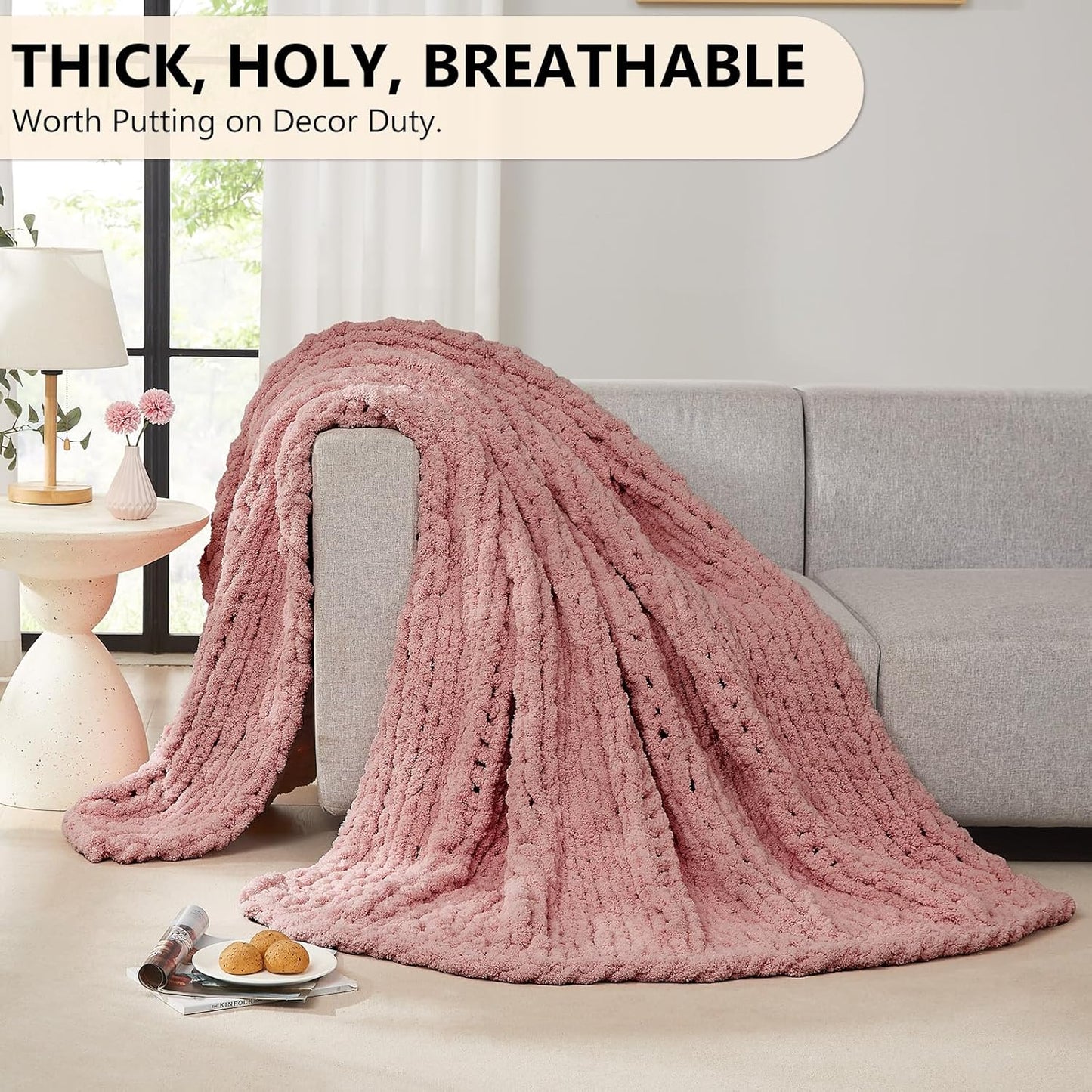 L'AGRATY Chunky Knit Blanket Throw - Soft Chunky Throw Blanket 60x80: 100% Hand Kintted Chenile Crochet Throw Blanket for Couch - Large Cable Knit Chunky Blanket for Home Decor(Rose Pink)