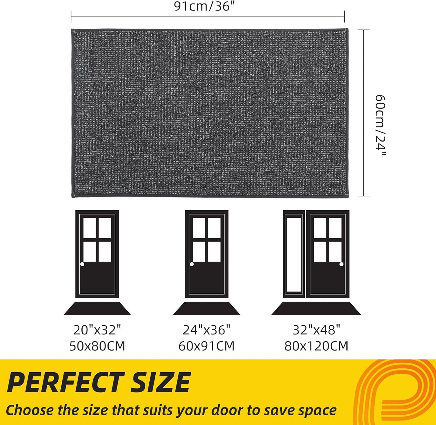 JSEI Dirt Trapper Door Mat 24"x36" Non-Slip Washable Entrance Mat, Dog Doormats, Absorbent & Fade-Resistant Floor Mats, Low Profile Welcome Mats for Entryway, Front Door, and Inside Entrance,Dark Grey