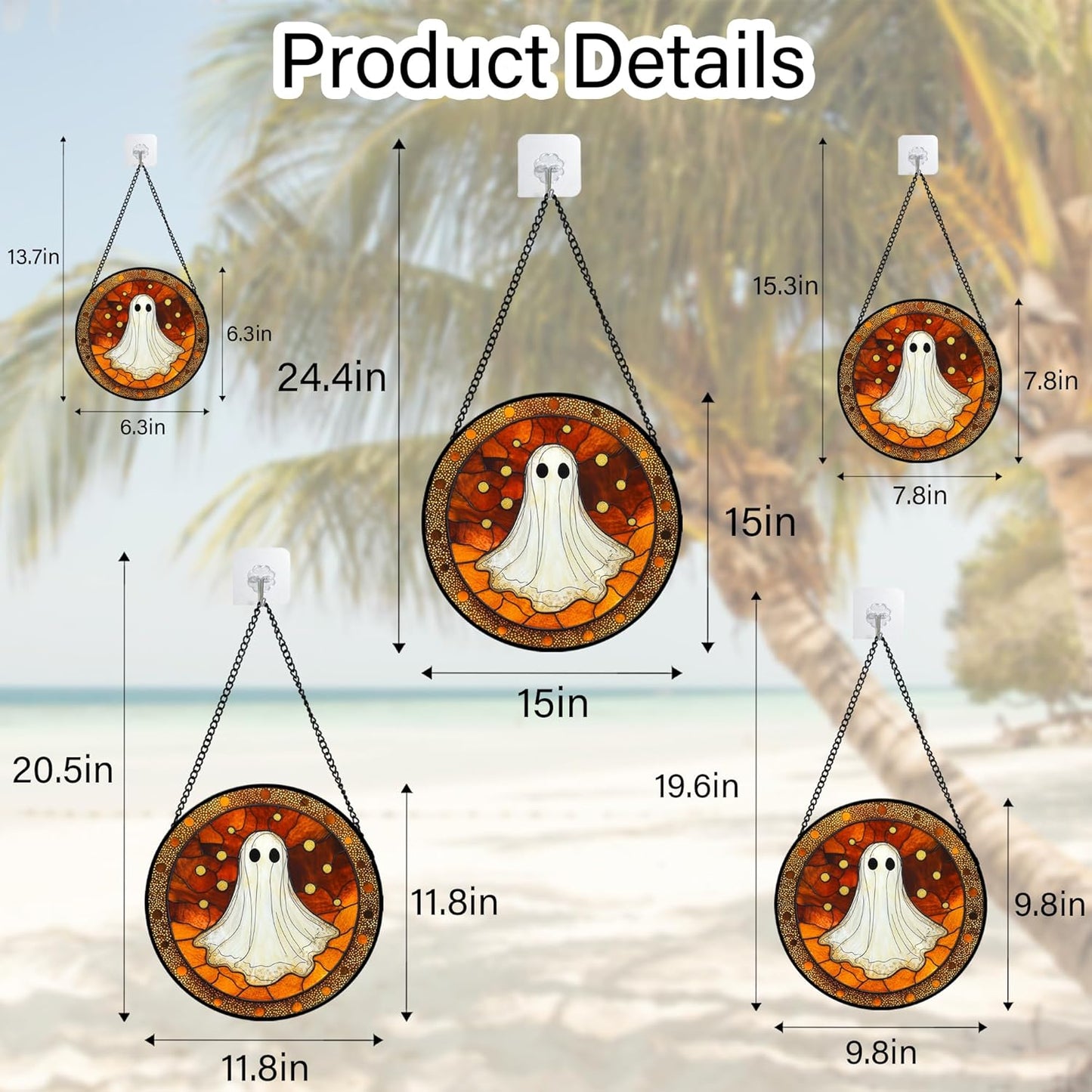 Stained Glass Window Hanging - Halloween Decorations White Ghost Suncatcher for Doors Garden Indoor Spooky Funny Orange Sun Catchers Gothic Decor Horror Gifts for Women Men Friend 6.3 in