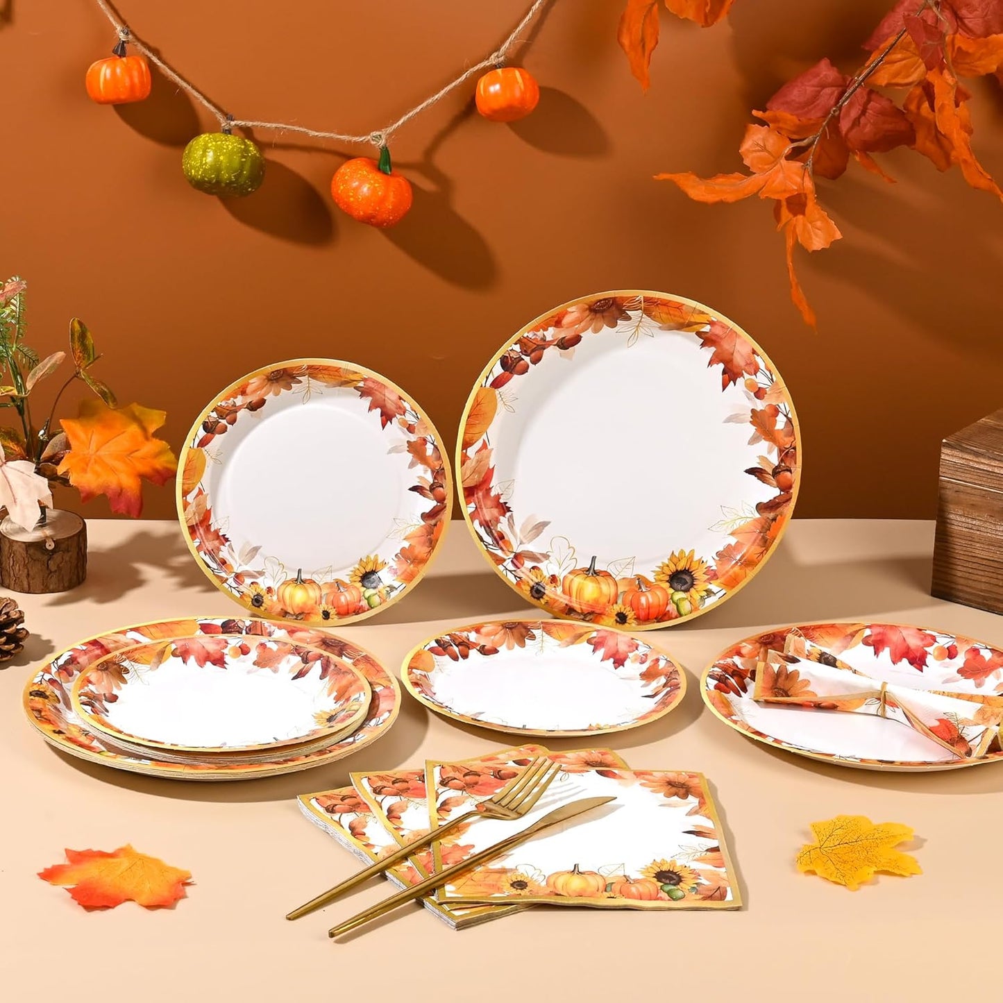 150Pcs Fall Paper Plates and Napkins Party Supplies Autumn Thanksgiving Disposable Plates Napkin Watercolor Maple Leaves Tableware Set for Fall Decor Thanksgiving Party Supplies,Serve 50 Guests