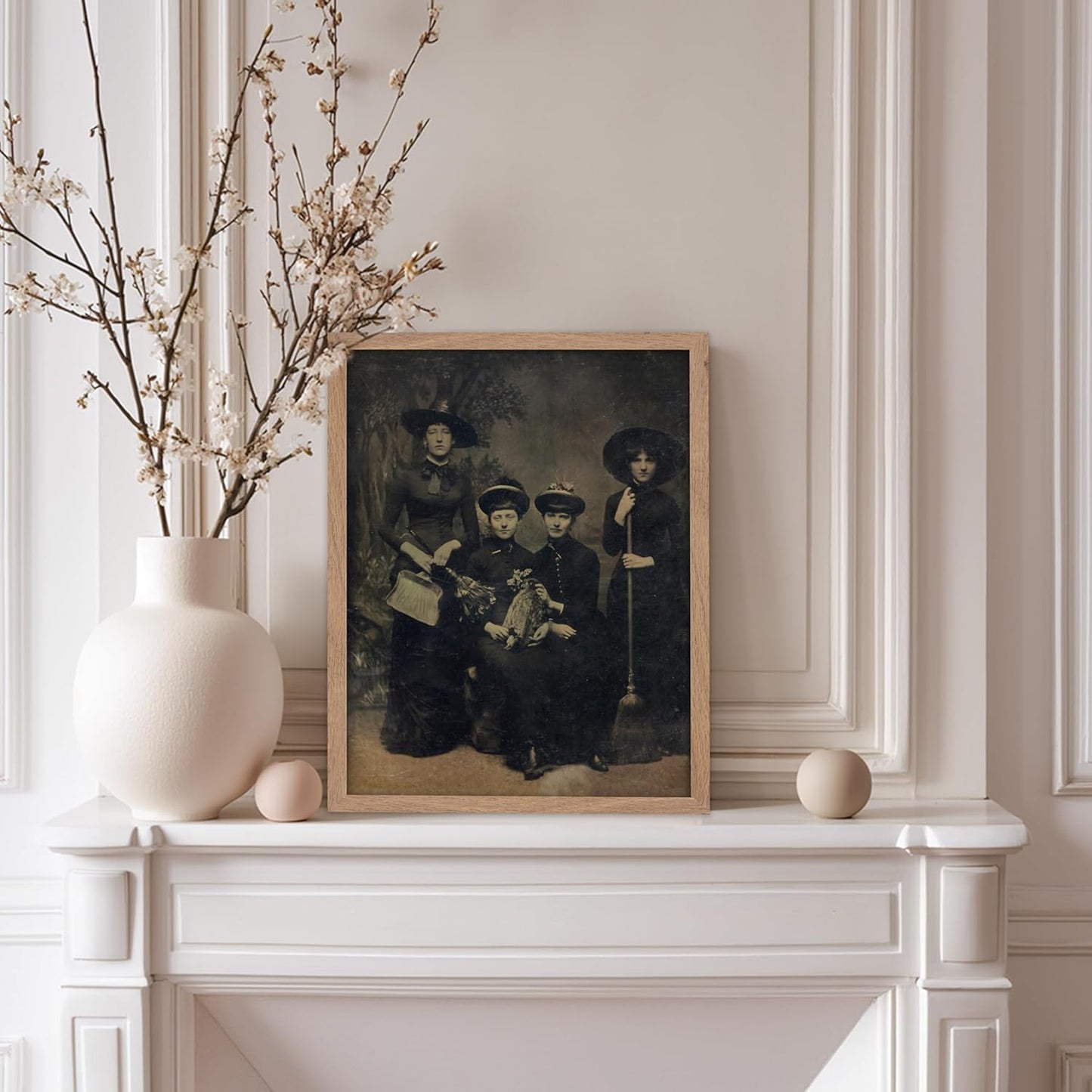 Poster Master Vintage Photograph Poster - Retro Halloween Print - Gift for Artist, Friend - Four Witches Wearing Robes, Sabbath, Coven, Sorcery - Wall Decor for Home, Office, 11x14 Beige Framed