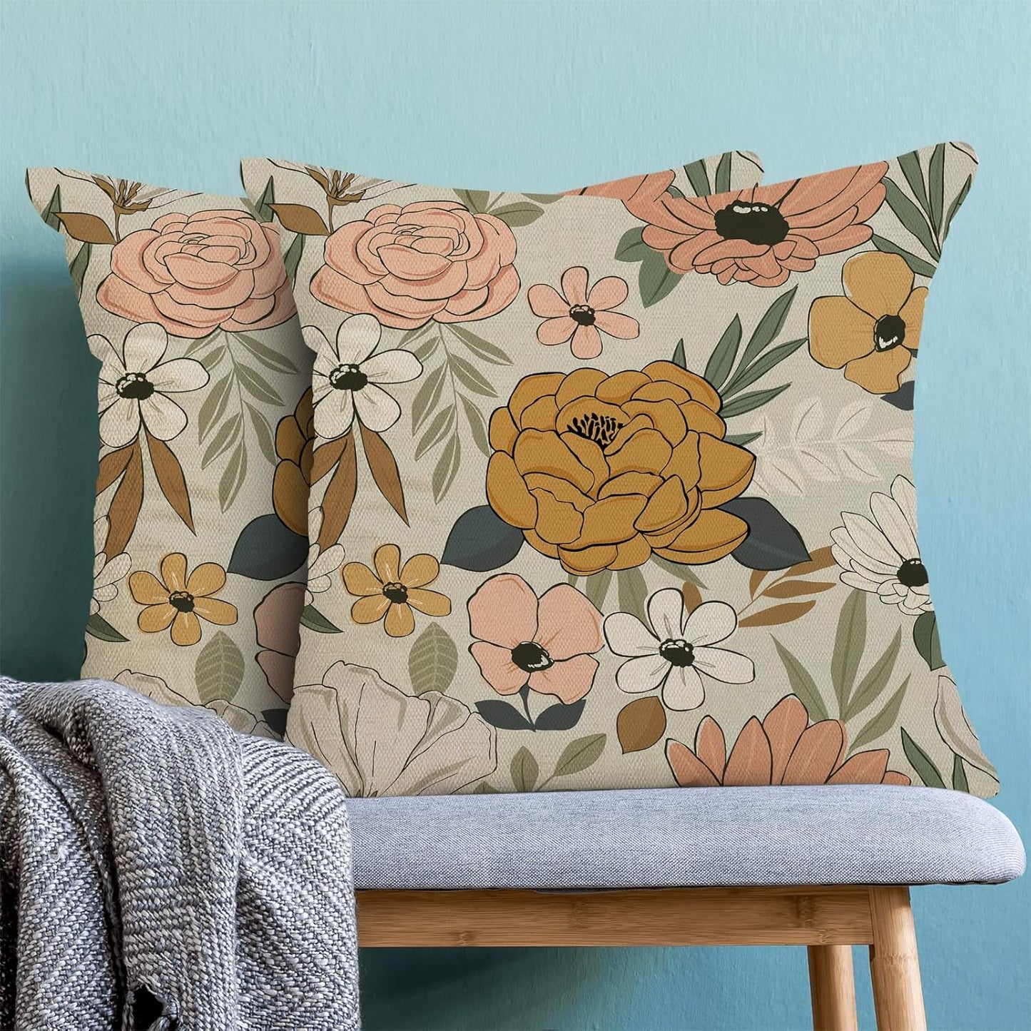 CXMEIFLY Spring Floral Pillow Covers 18 x 18 Inch Set of 2 for Vintage Mustard Yellow Pink Flowers Decor Throw Pillows Plant Cream Outdoor Decorative Cushion Cases for Couch Bed Decorations
