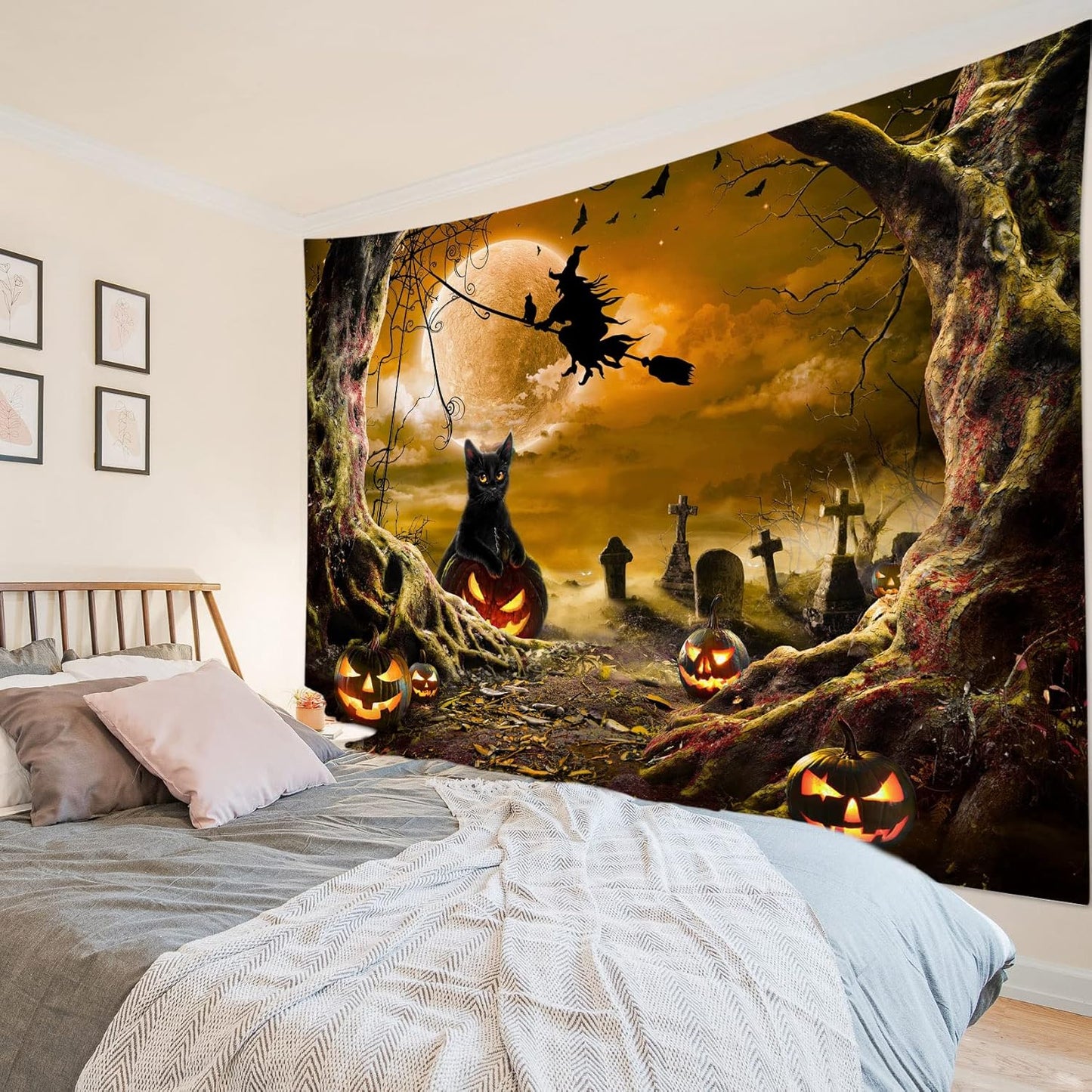 LB Halloween Wall Tapestry Horror Witch Cat and Dead Tree Pumpkin Lights with Spooky Graveyard Tapestry Orange Full Moon over Misty Forest Wall Decor for Bedroom Living Room Dorm 60x40 Inches
